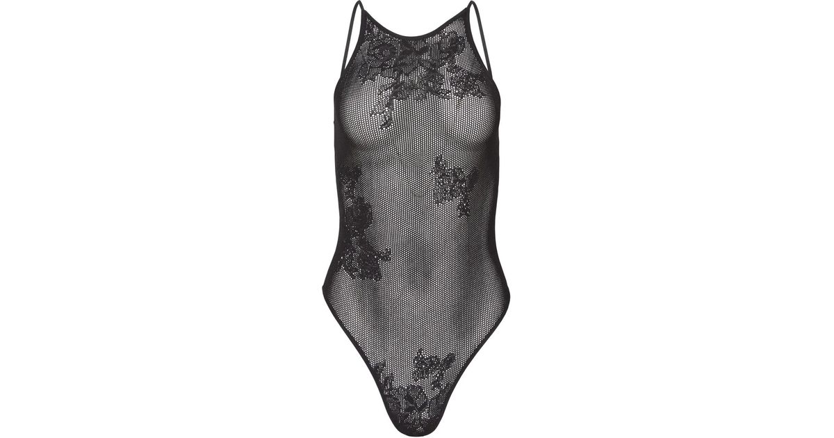 Lace Racer Fleur du Mal Pointelle-Knit Lace Racer Bodysuit in Gray | Lyst