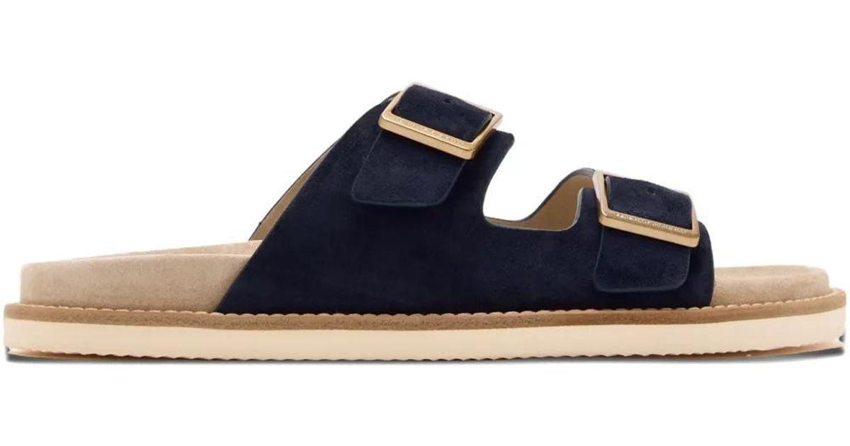 Brunello Cucinelli Double-Buckle Suede Sandals in Blue for 
