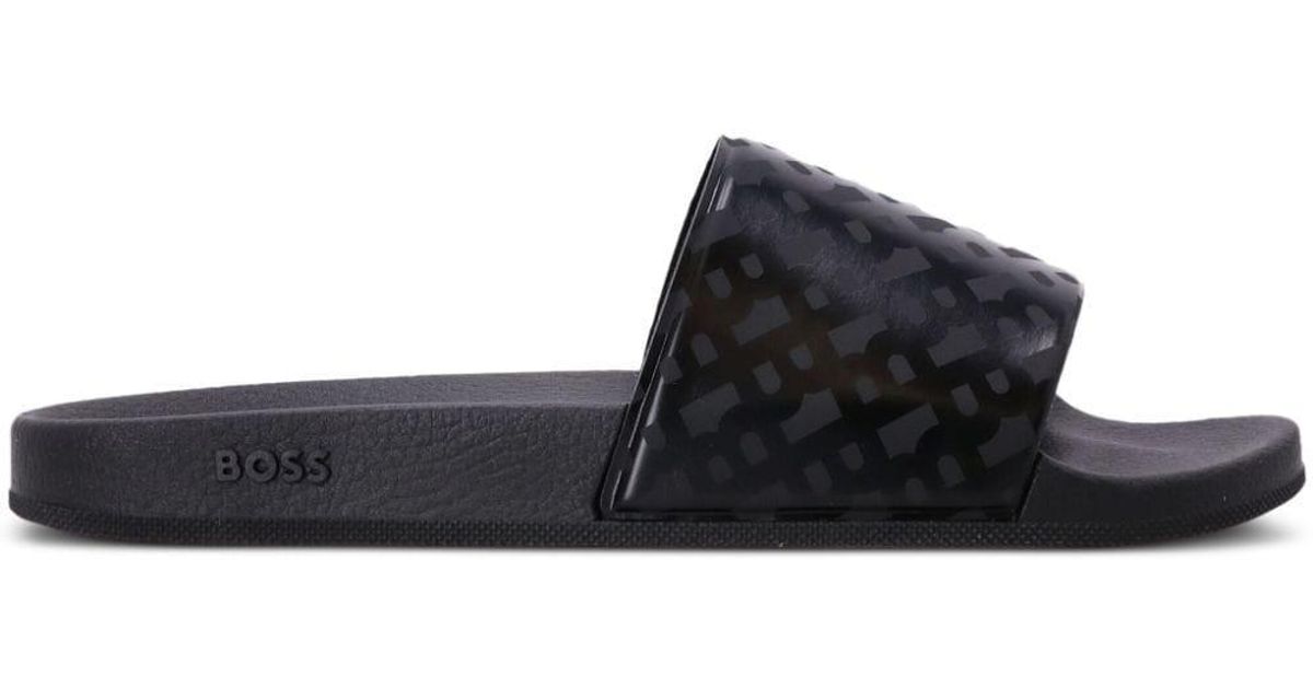 BOSS by HUGO BOSS Monogram-print Moulded-footbed Slides in Black for ...