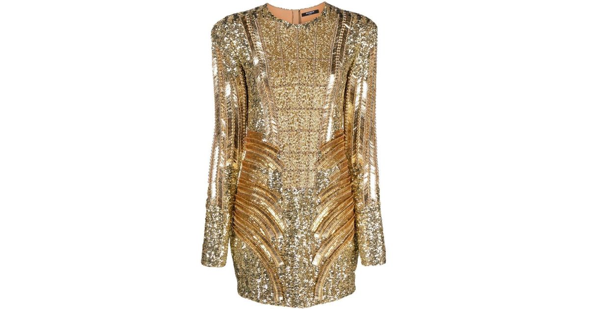 Balmain Embroidered Longsleeve Minidress in Metallic Lyst Canada