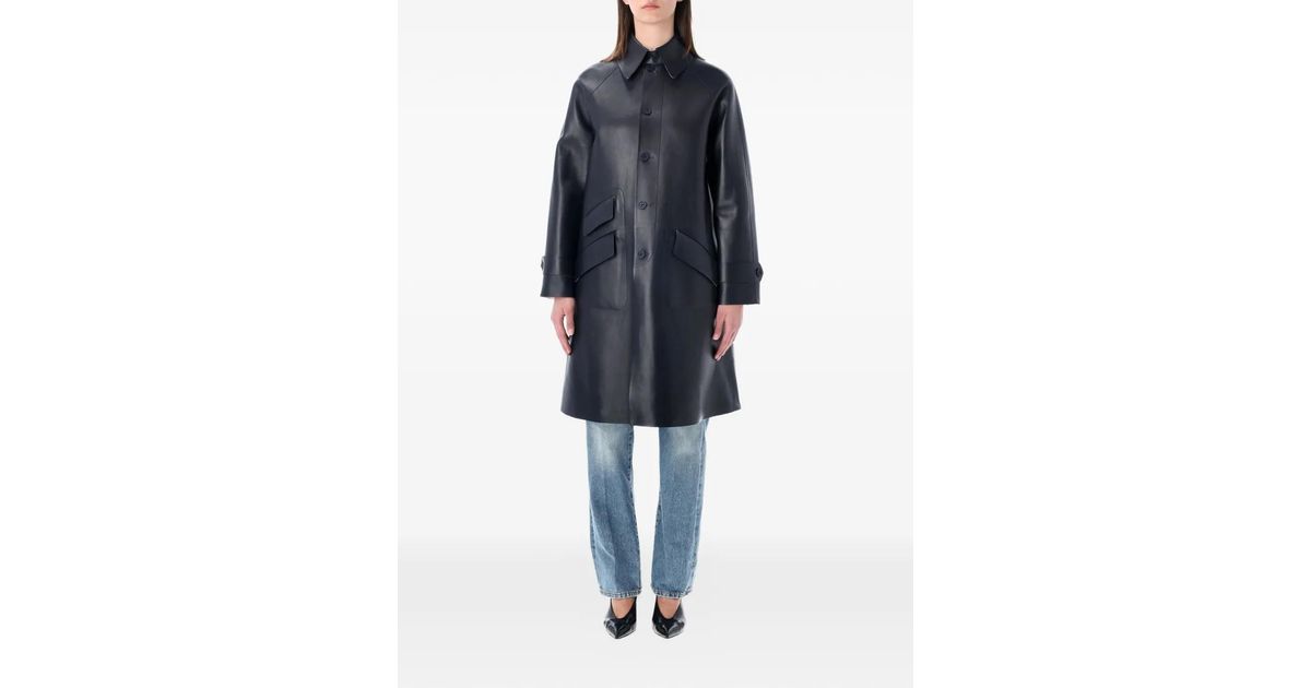 Ralph Lauren Buttoned Leather Coat in Blue | Lyst