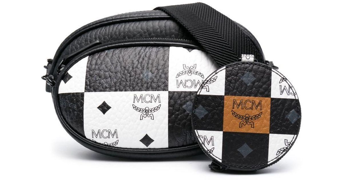 MCM Leather Small Aren Checkerboard Logo Crossbody Bag in Black Lyst