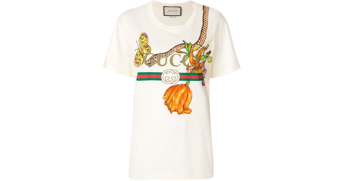 Gucci Logo T-shirt With Floral And Snake Print | Lyst