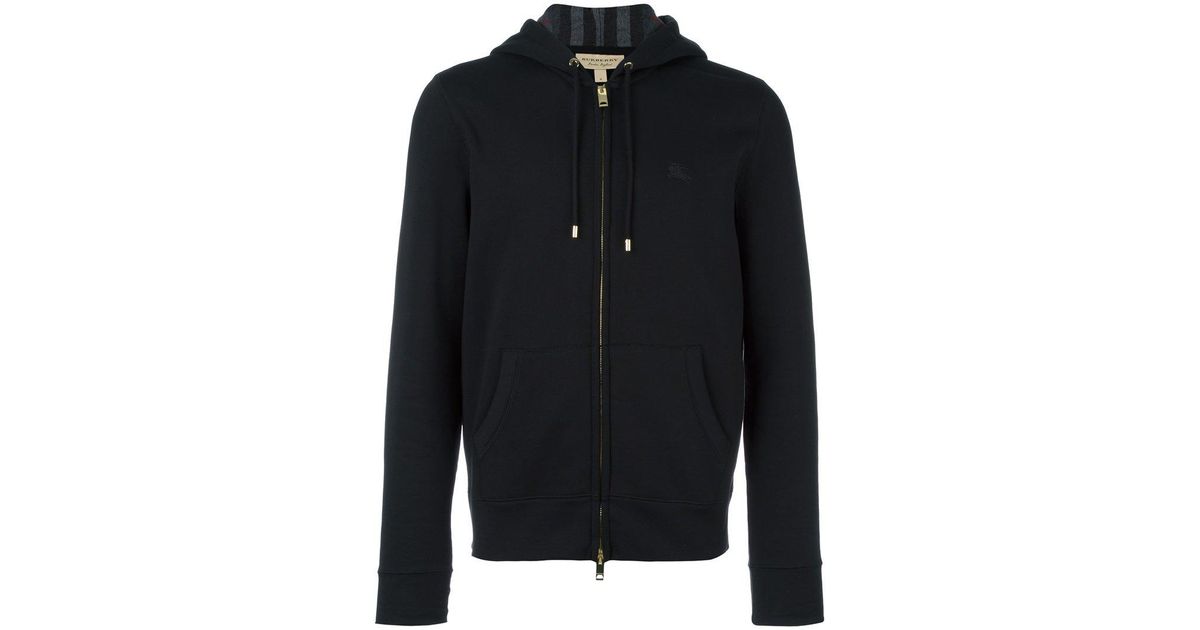 Burberry Cotton Logo Embroidered Zipped Hoodie in Black for Men | Lyst