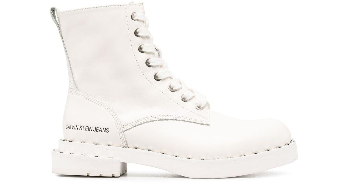 Calvin Klein Leather Laceup Combat Boots in White Lyst