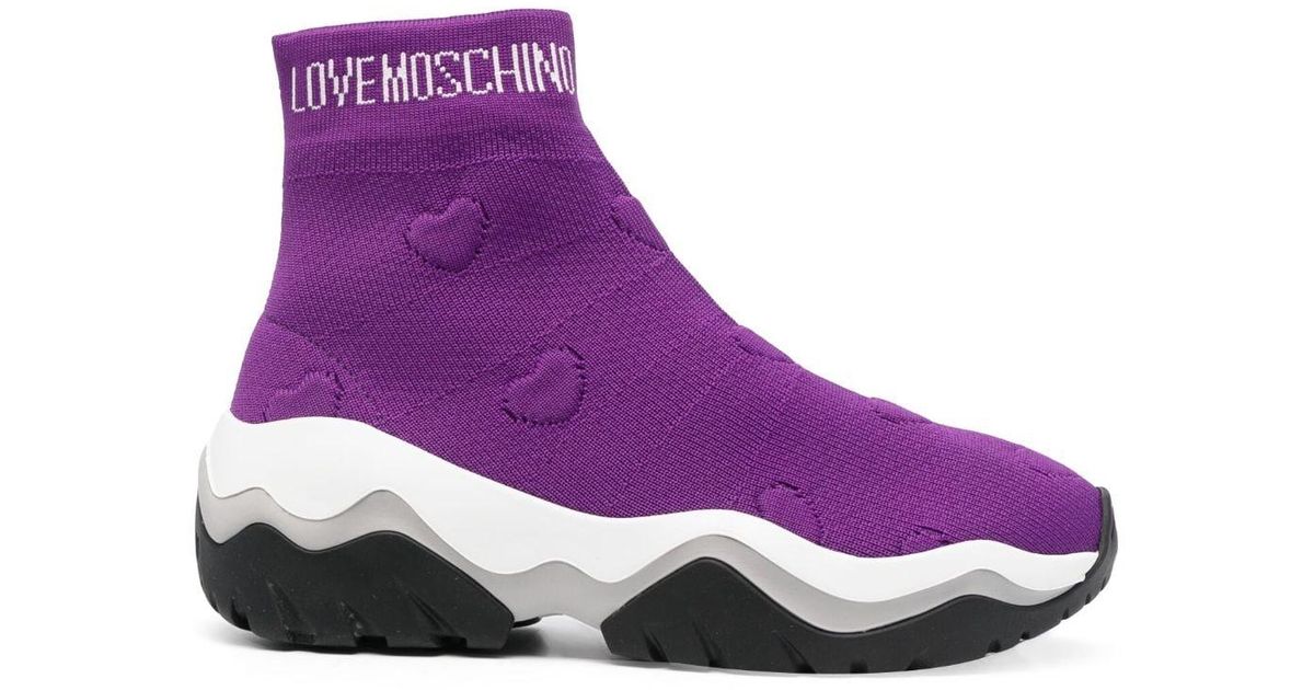 Love Moschino Embossed-hearts High-top Sock Trainers in Purple | Lyst