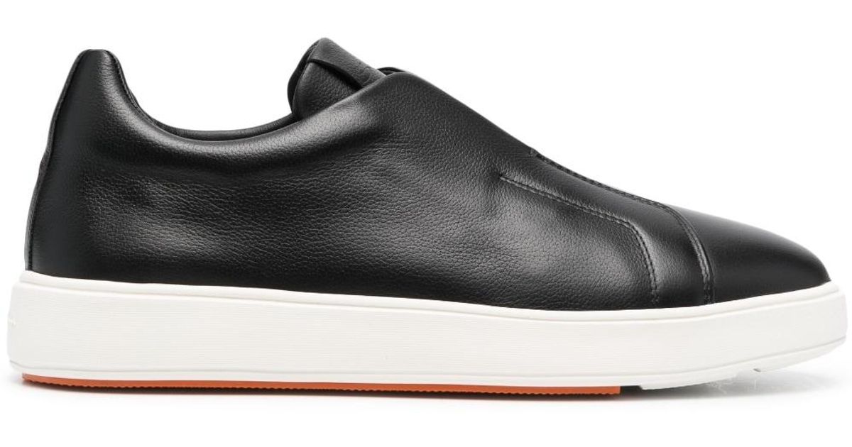 Santoni Black Leather Slip-On Sneakers with White Sole and Tan Trim Santoni Leather slip-on sneakers for Men - Black in USA  main image 3