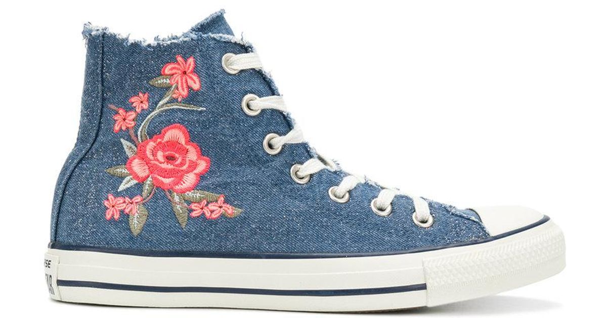 Converse Blue Frayed Denim Floral Sneakers