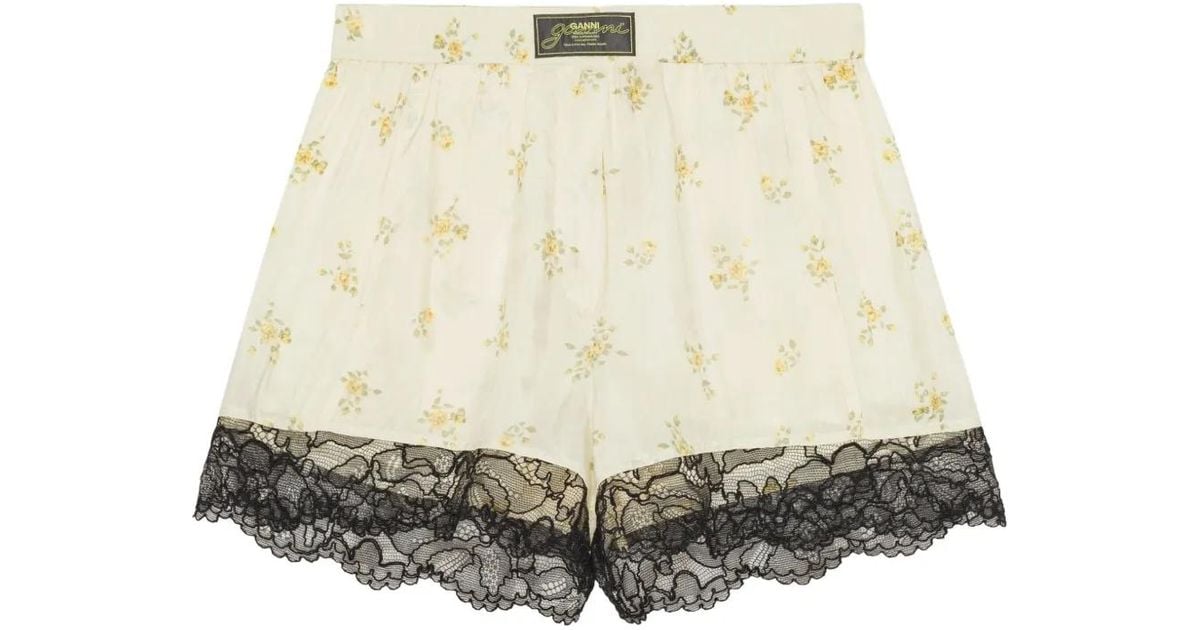 Ganni Floral-Print Shorts in Natural | Lyst UK