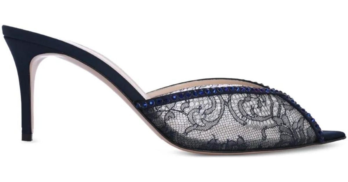 Andrea Wazen 75Mm Katy Lace-Embellished Mules in Blue | Lyst