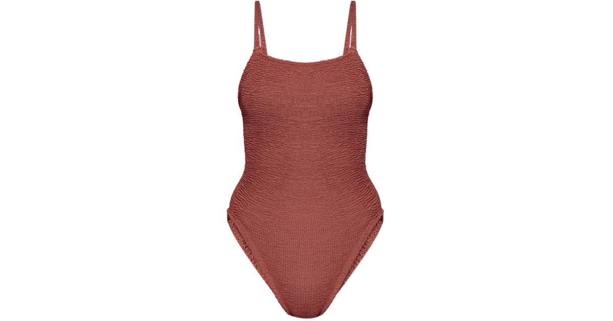 Hunza G Raspberry Metallic Hunza G Metallic Crinkle Swimsuit in Red | Lyst