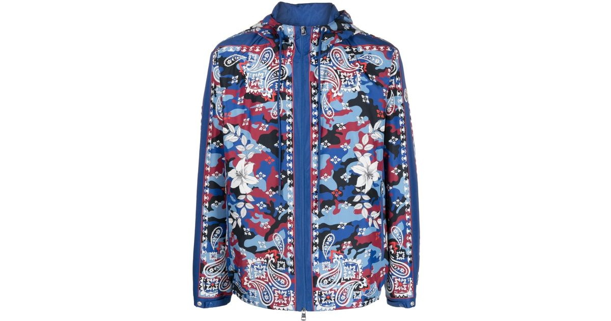 Moncler Mix-print Hooded Jacket in Blue for Men | Lyst