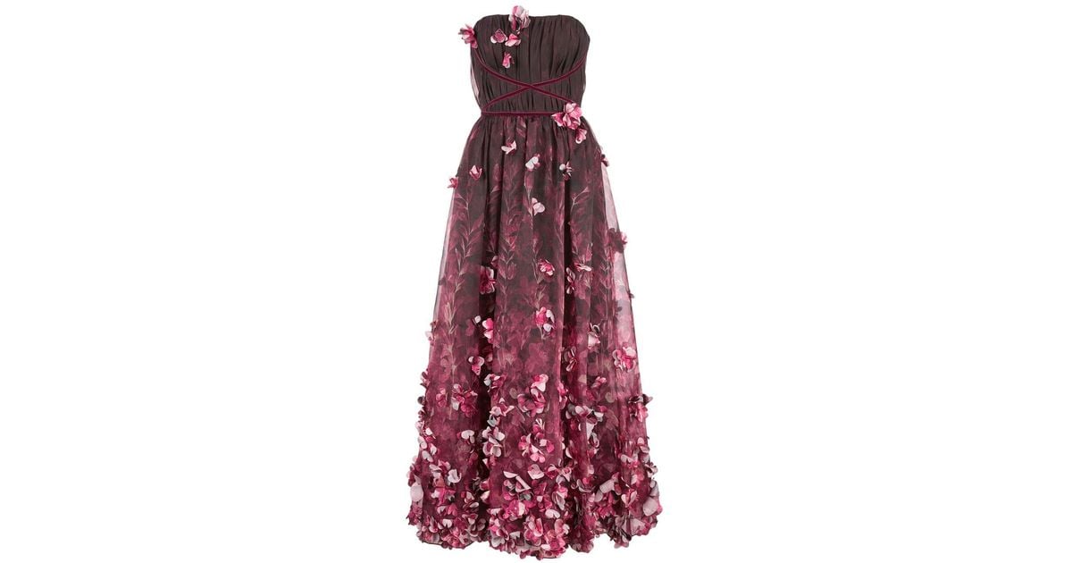 Marchesa notte 3d Draped Floral Print Organza Tea Length Dress in Purple |  Lyst