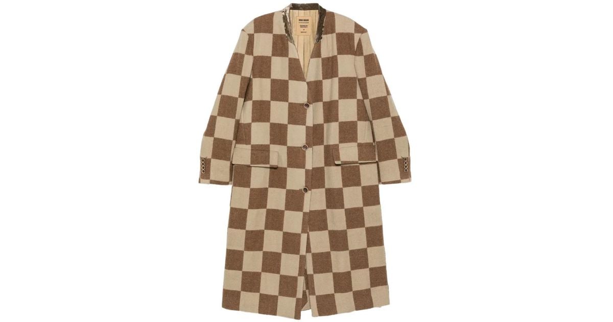 Uma Wang Pixel Checkerboard Frayed-Seam Coat in Natural | Lyst