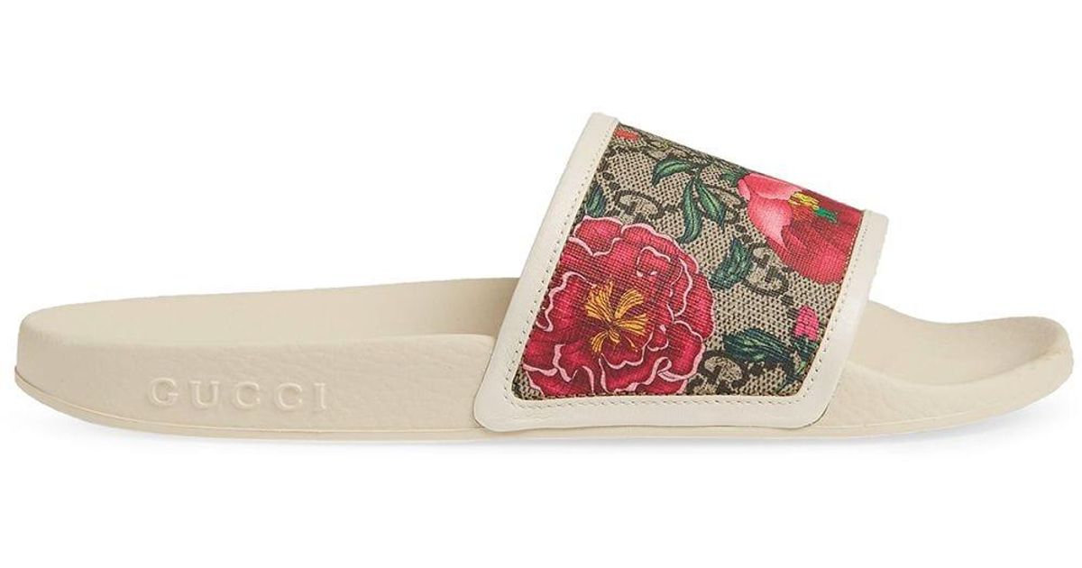 white gucci floral slides