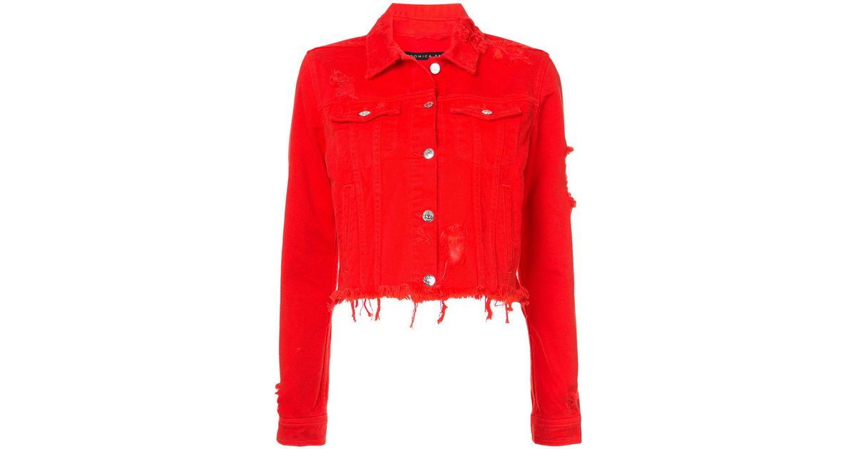 red distressed jean jacket
