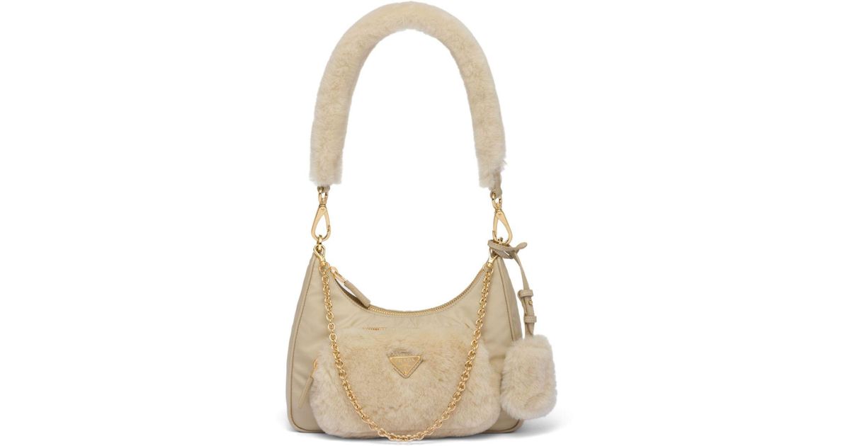Prada Shearling-Panelling Shoulder Bag in Natural | Lyst