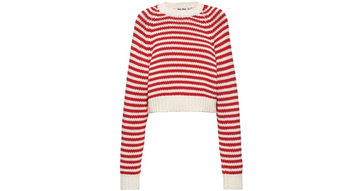 MIUMIU 赤と白のストライプ 長袖ニット miu-miu-red-Stripe-print-