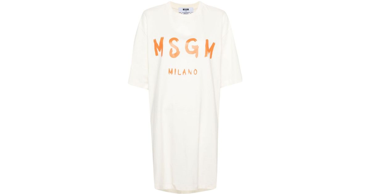 MSGM White Logo print Cotton T shirt Dress