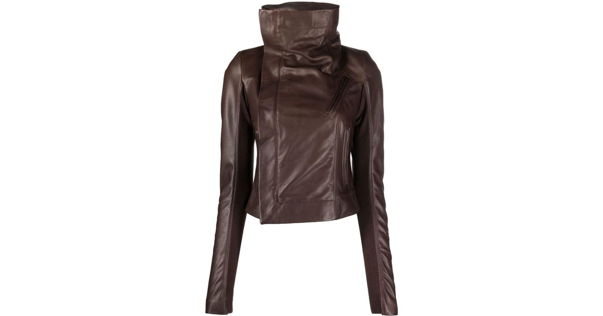 Rick Owens Funnelneck Leather Jacket in Brown Lyst