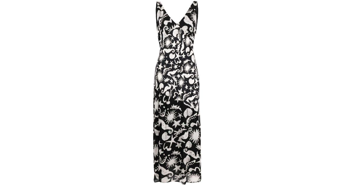 RIXO London Moniq Abstract Ocean Black Strappy Dress in White | Lyst