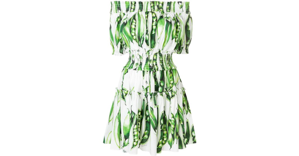 Dolce Gabbana Pea Print Off The Shoulder Dress in Green Lyst UK