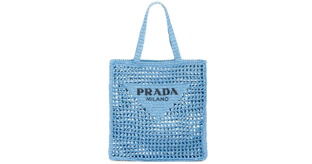 Prada Woven-logo Raffia Tote Bag in Blue | Lyst UK