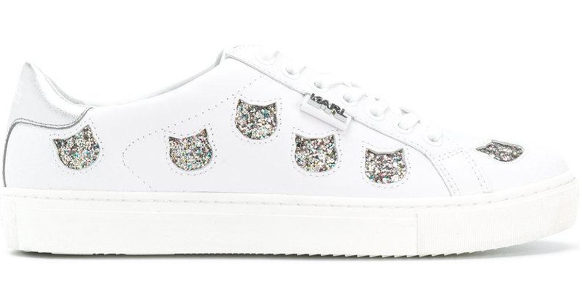 Karl Lagerfeld Leather Glitter Cat Sneakers in White - Lyst