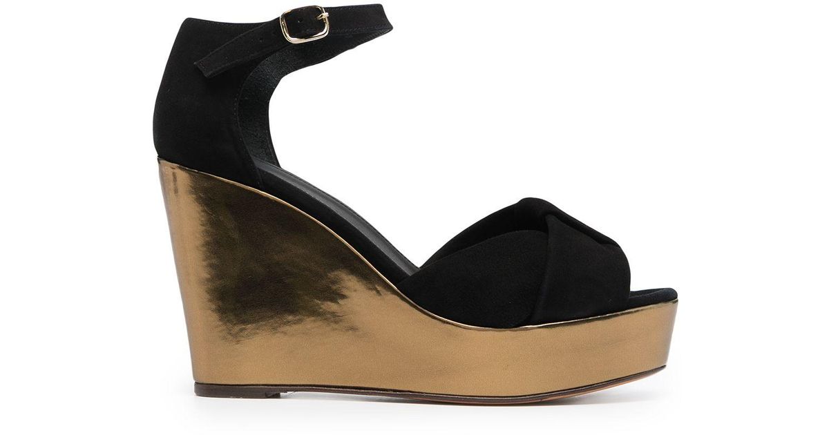 Tila March Leather Metallic-tone Wedge-heel Sandals in Black - Lyst