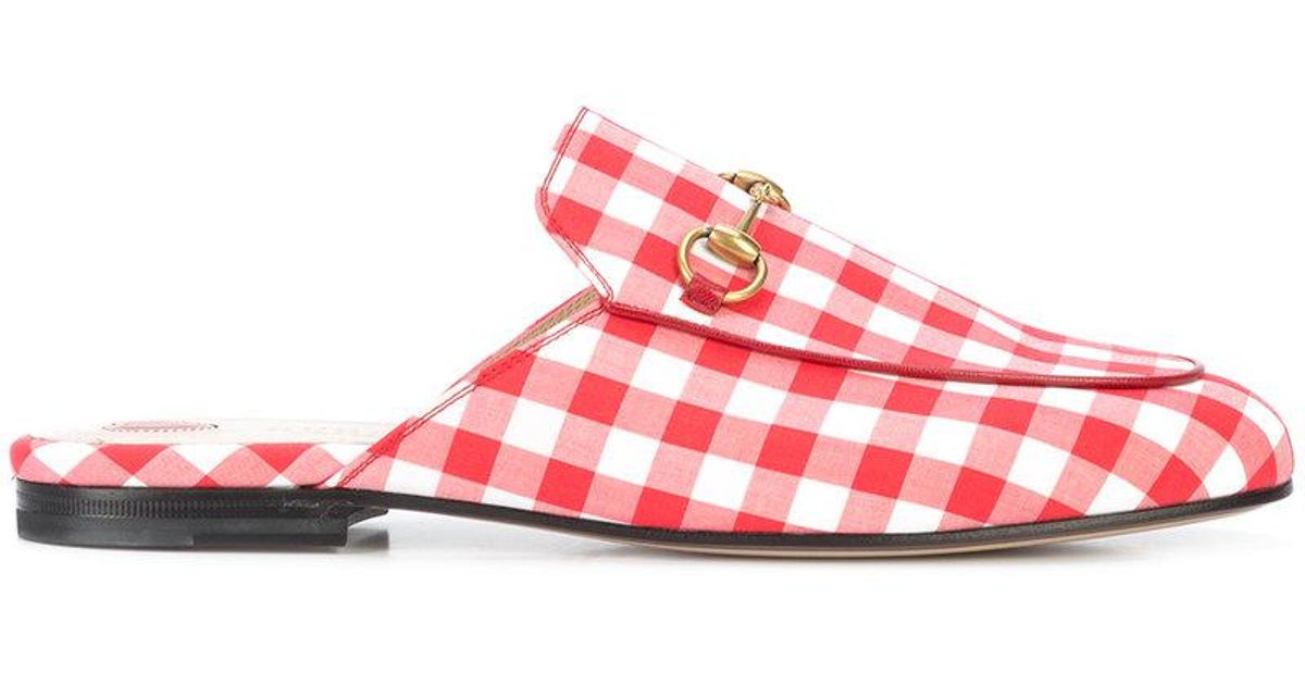 Gucci Gingham Princetown Mules in Red | Lyst