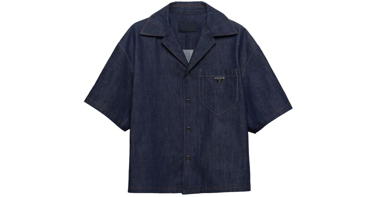 Prada Triangle-Logo Button-Up Denim Shirt in Blue for Men | Lyst
