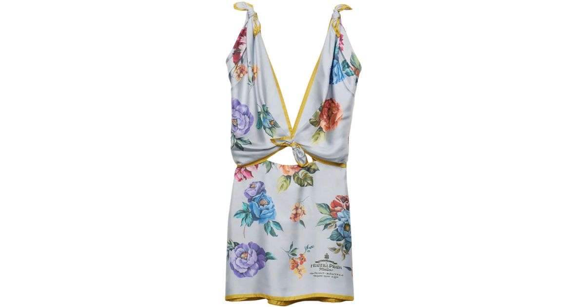 【プラダ・PRADA】Printed silk twill mini-dress Prada Printed Silk Twill Mini-Dress in Gray | Lyst