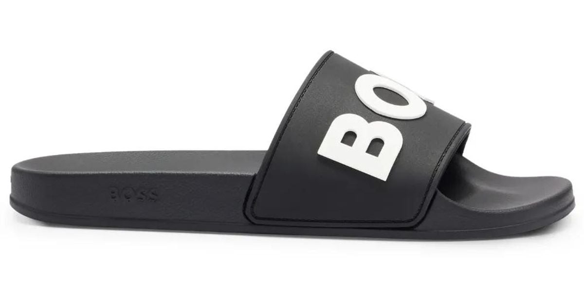 BOSS Logo-Emed Open-Toe Slides in Black for Men | Lyst
