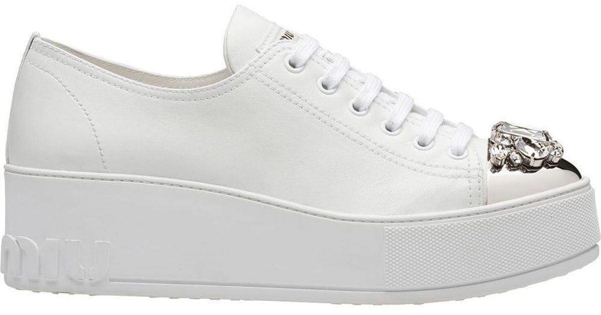 Miu Miu Leather Swarovski Crystal Toe-cap Sneakers in White - Lyst