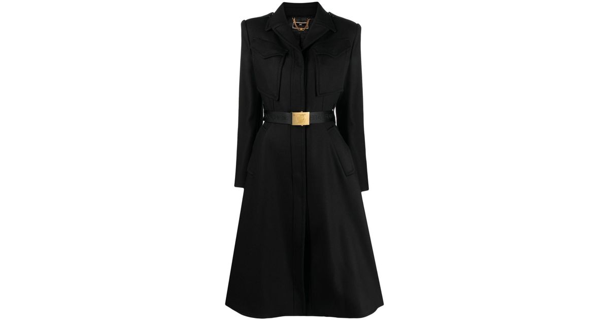 Elisabetta Franchi Logo-detail Belted Coat in Black | Lyst
