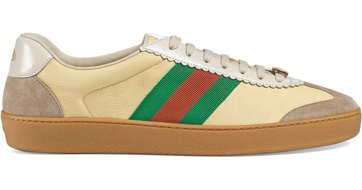 Gucci G74 Leather Sneaker With Web in Oatmeal (Yellow) for Men - Save ...