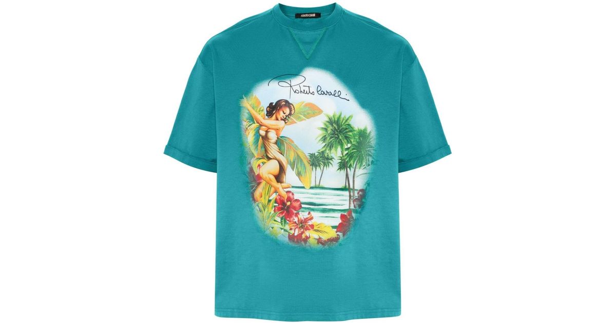 Roberto Cavalli Hawaii-print Cotton T-shirt in Blue for Men | Lyst