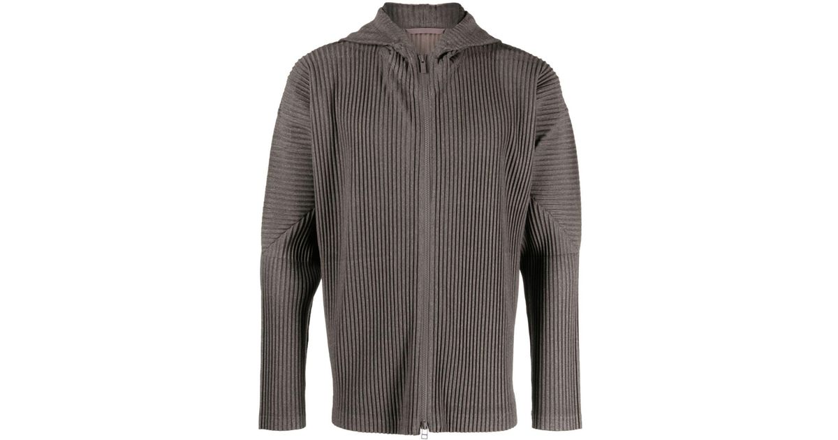 Homme Plissé Issey Miyake Pleated Zip-up Hoodie in Grey for