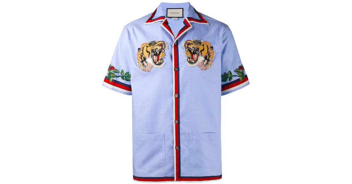 Gucci Tiger Embroidered Bowling Shirt in Blue for Men | Lyst Canada