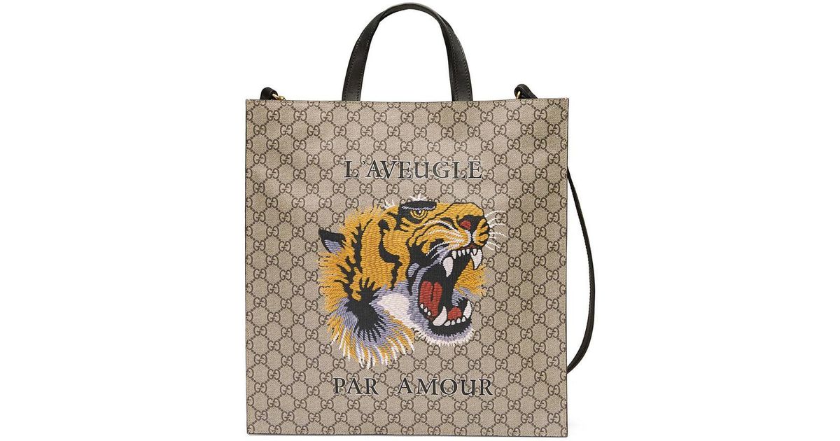 Gucci Canvas Tiger Print Soft GG Supreme Tote in Brown for Men - Lyst