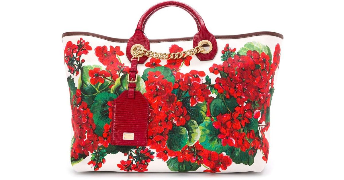 Dolce and Gabbana Red White Gold Cotton Floral Geranium Capri Tote Bag  Handbag DG at 1stDibs