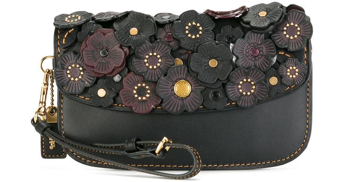 COACH Flower Embellished Clutch Bag in Brown | Lyst