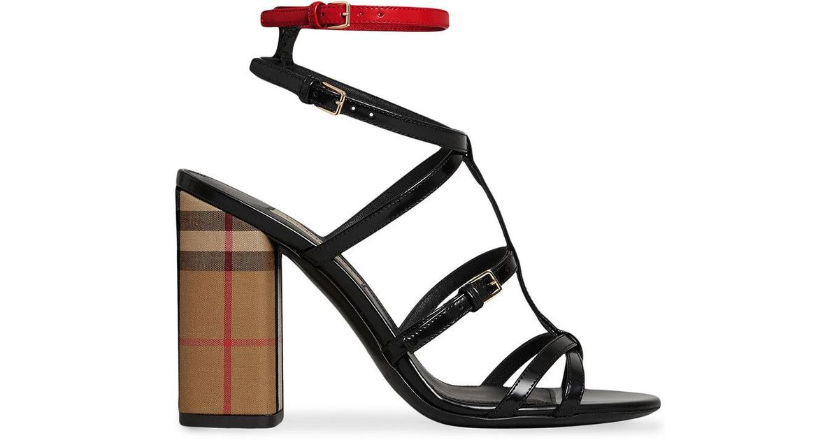 Burberry Vintage Check And Patent Leather Sandals in Black | Lyst
