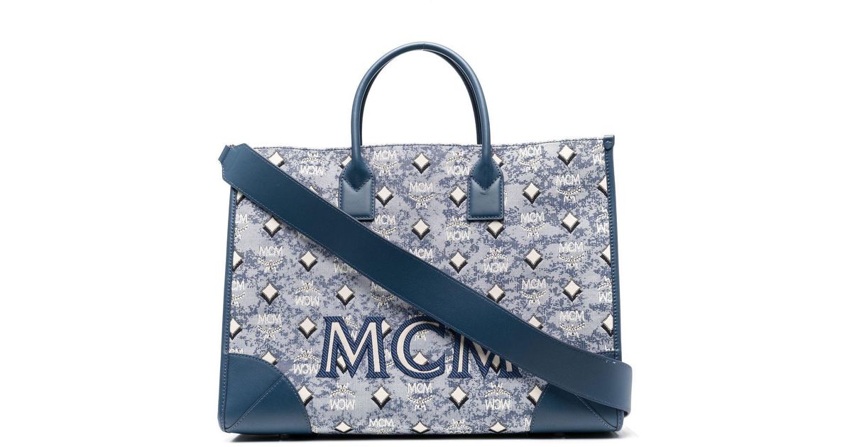 MCM Leather Extralarge Munich Vintage jacquard Tote Bag in Blue Lyst