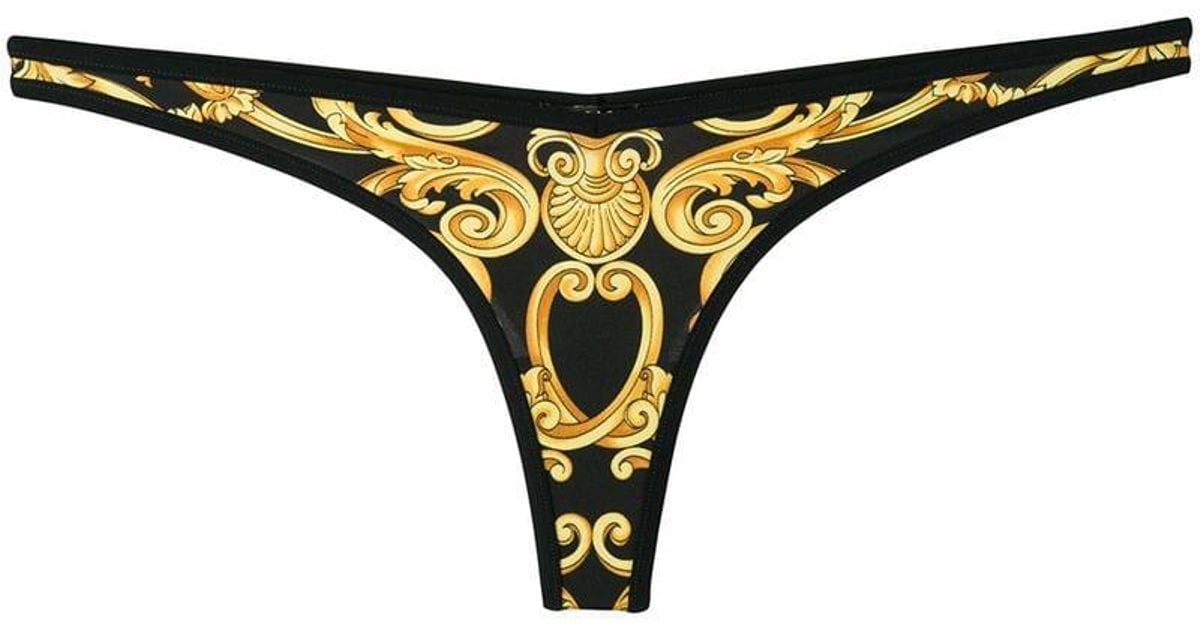 Versace Synthetic Baroque Print Thong Bikini Bottoms in Black | Lyst