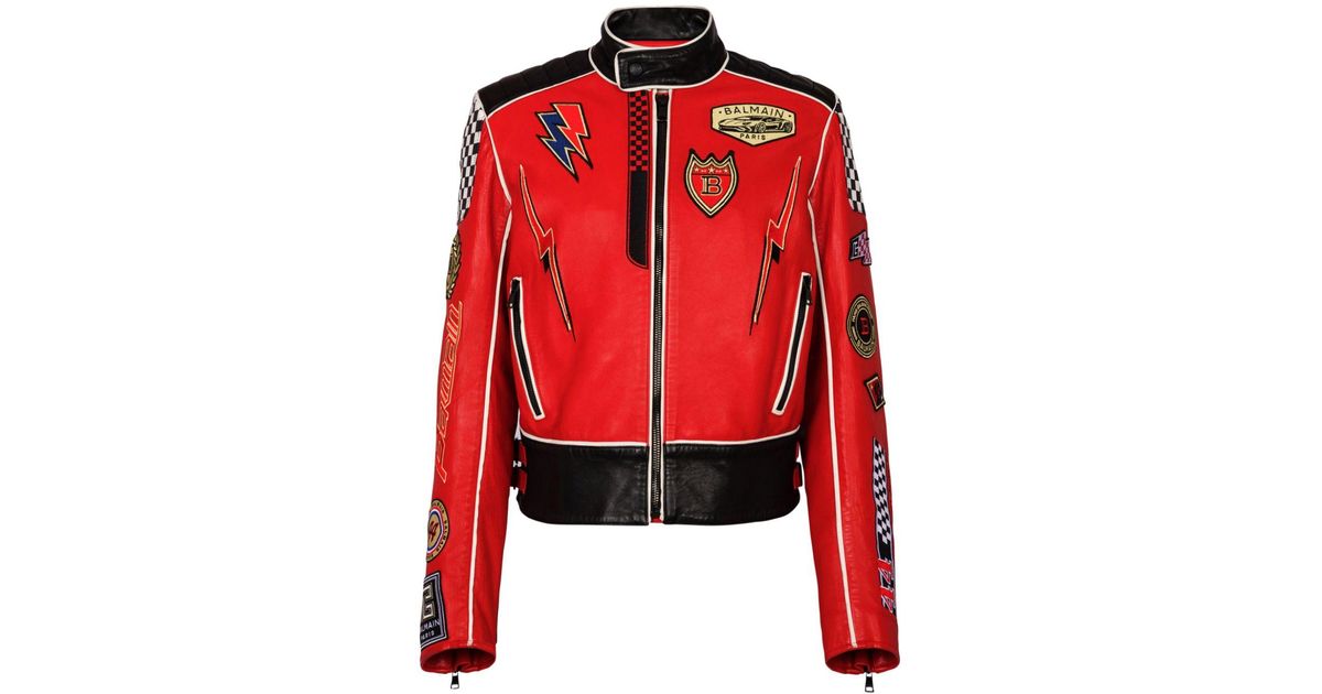 Balmain Logo applique Leather Jacket in Red for Men Lyst Australia