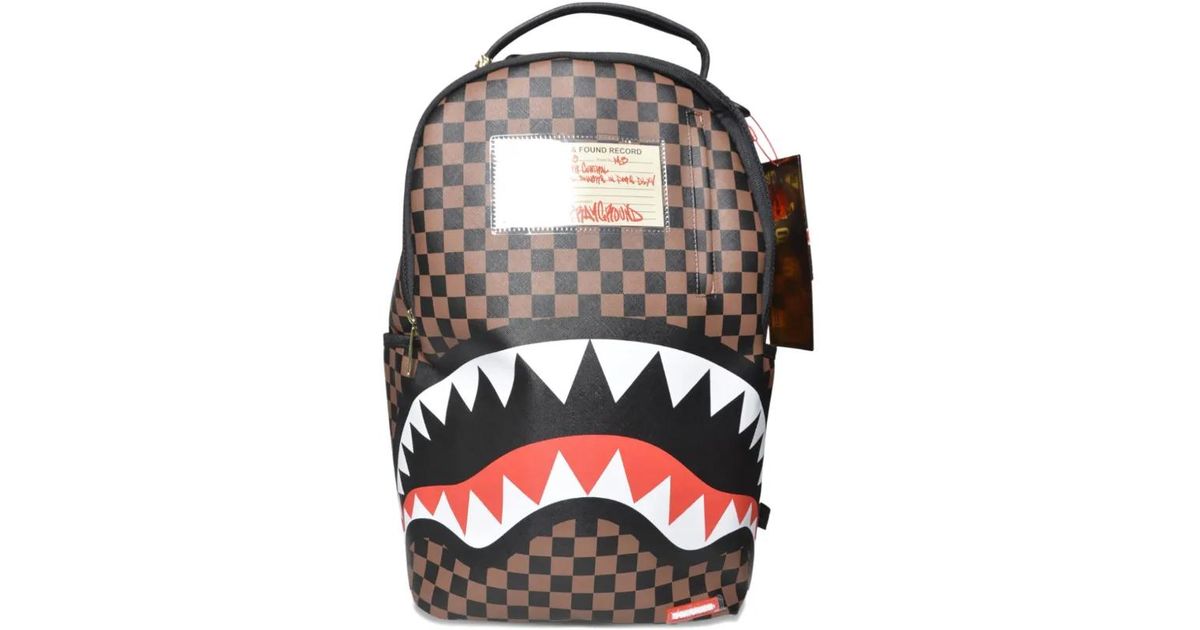 Sprayground Checkerboard-Pattern Shark-Detail Backpack in Brown | Lyst