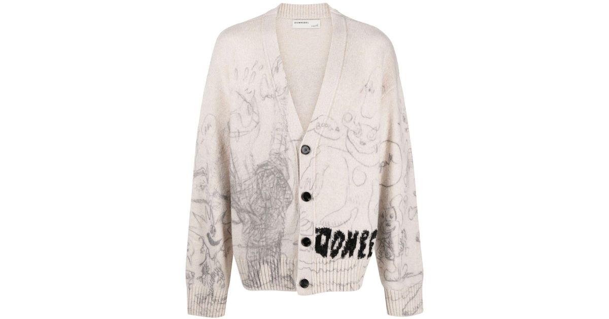 DOMREBEL Doodleman Illustration-style Printed Cardigan in White