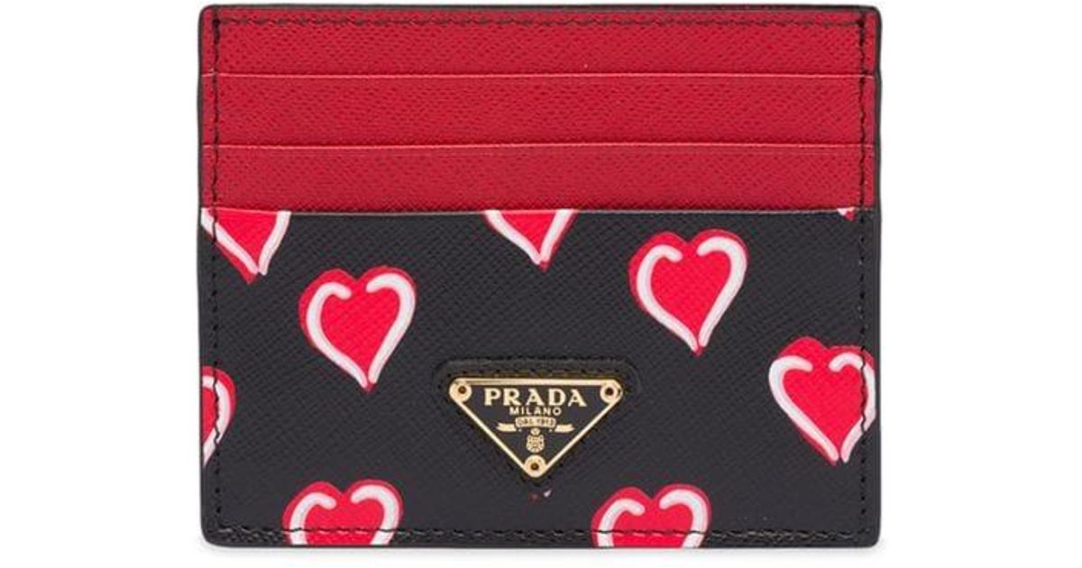 Prada Leather Heart Print Credit Card Holder in Black | Lyst