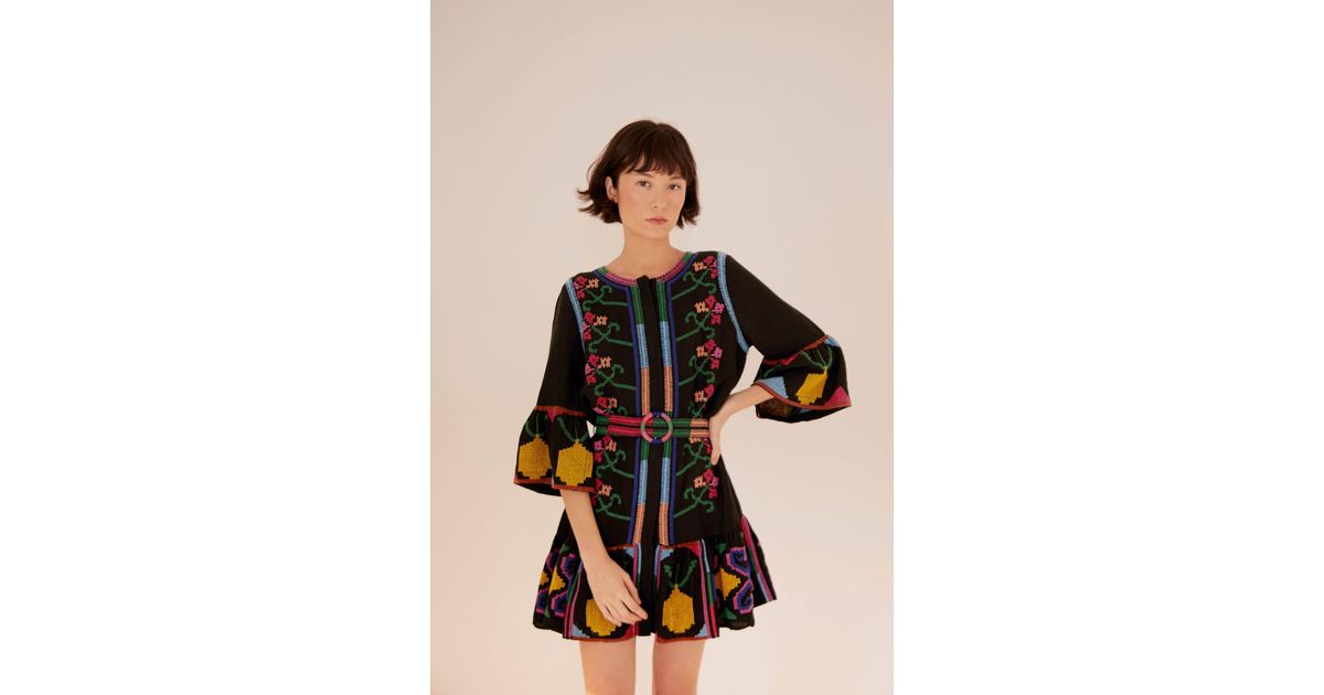 FARM Rio Linen Black Cross Stich Mini Dress | Lyst